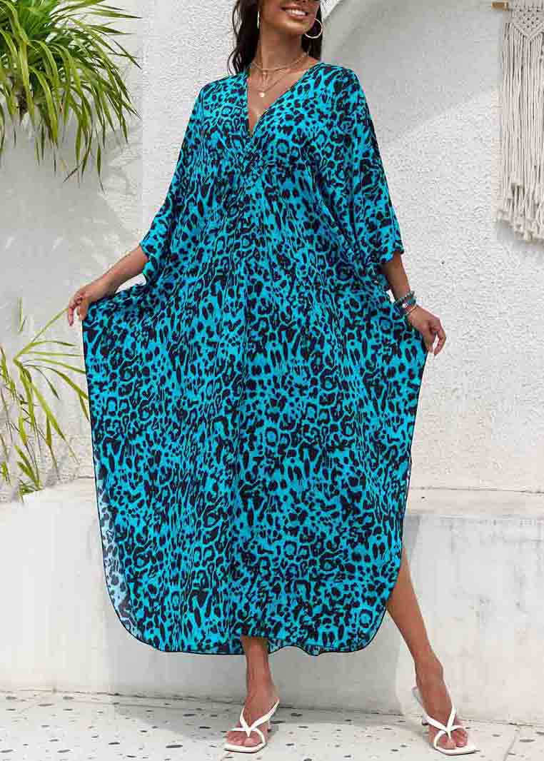 Blue Side Open Chiffon Sea Print Beach Dress V Summer Neck
