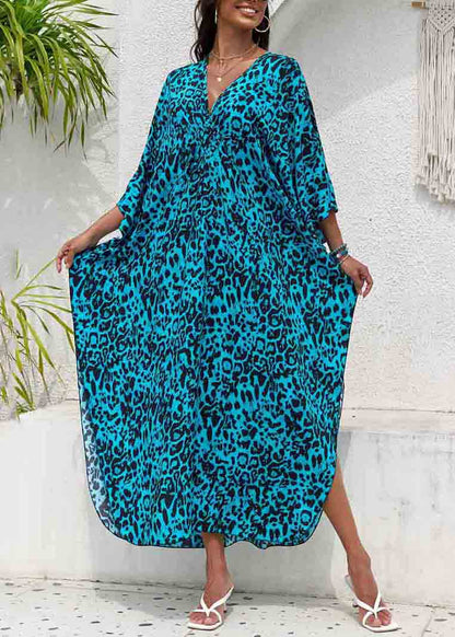 Blue Side Open Chiffon Sea Print Beach Dress V Summer Neck