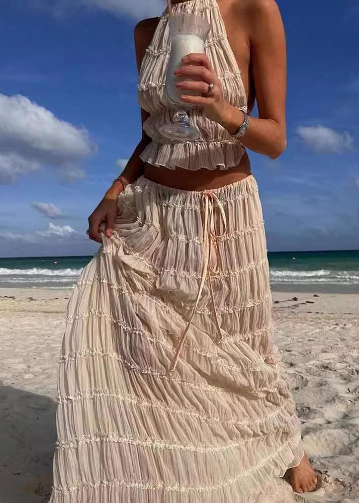 Sexy Wrinkled Halter Two Apricot Set Piece Backless