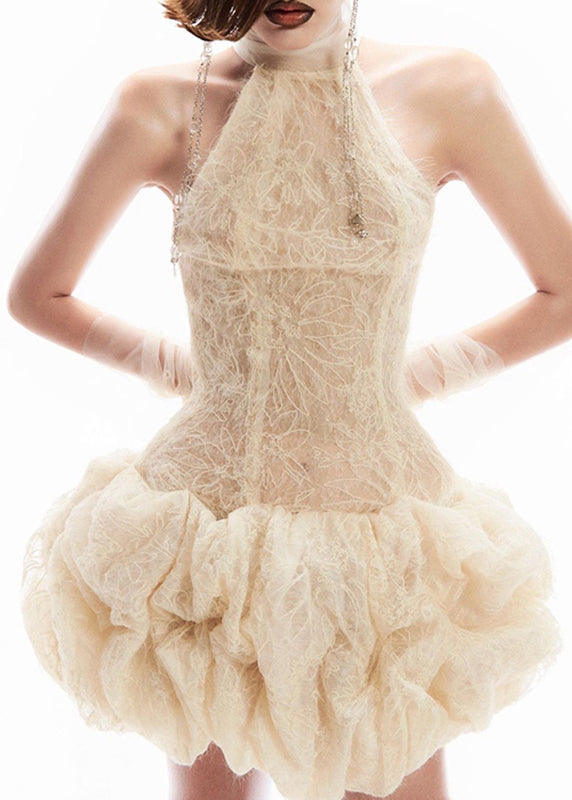 Apricot Sexy Lace Turtleneck Sleeveless Patchwork Dress Mid