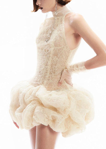 Apricot Sexy Lace Turtleneck Sleeveless Patchwork Dress Mid