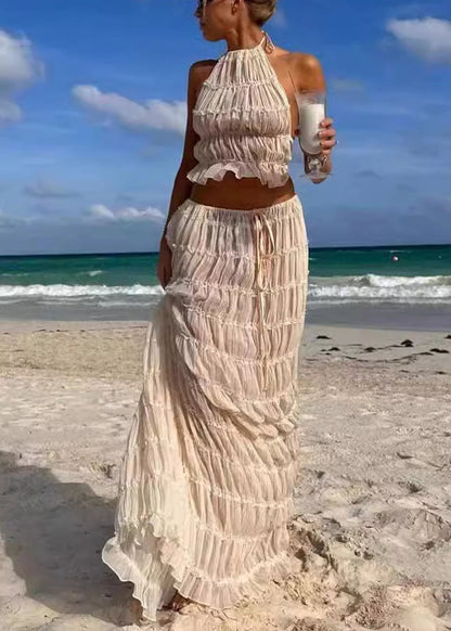 Set Sleeveless Pieces Beige Two Ruffled Sexy Up Lace Chiffon
