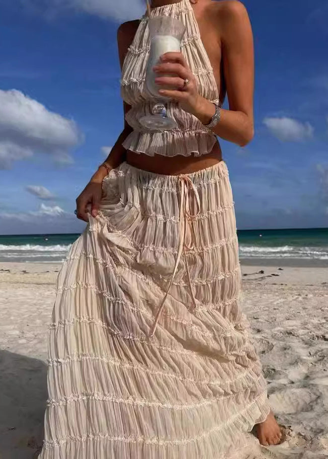 Set Sleeveless Pieces Beige Two Ruffled Sexy Up Lace Chiffon