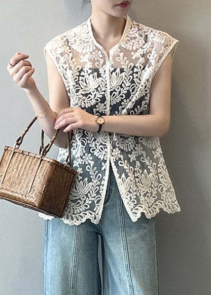 Sexy Beige V Neck Embroidered Floral Hollow Out Shirts Summer VB1076