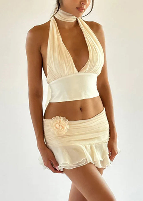 Sexy Beige V Neck Lace Up Tank And Skirts Cotton Two Pieces Set Sleeveless YZ060