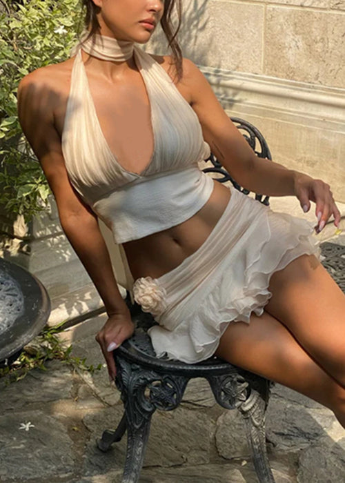 Sexy Beige V Neck Lace Up Tank And Skirts Cotton Two Pieces Set Sleeveless YZ060