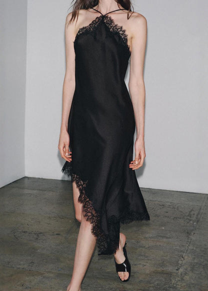 Black Patchwork Dresses Lace Asymmetrical Sleeveless Sexy Silk