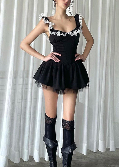 Cotton Lace Summer Black Dress Patchwork Ruffled Sexy Mini