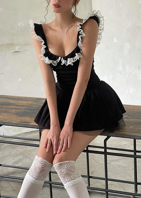 Cotton Lace Summer Black Dress Patchwork Ruffled Sexy Mini