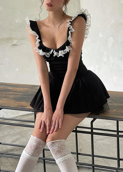 Cotton Lace Summer Black Dress Patchwork Ruffled Sexy Mini