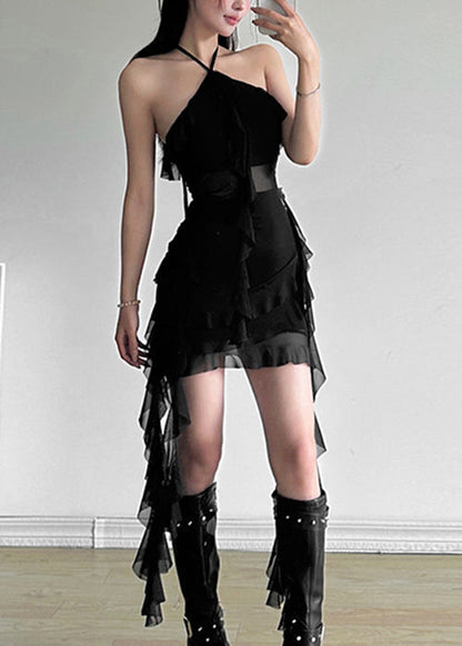 Sexy schwarzes ärmelloses Tüllkleid mit Rüschen und Schnürung EE1042