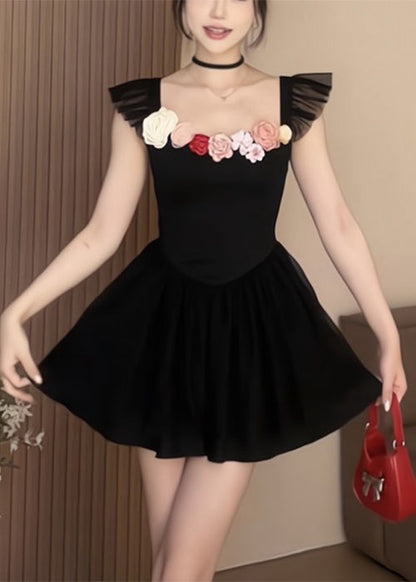 Sexy Black Square Collar Solid Cotton Mid Dress Summer XX014