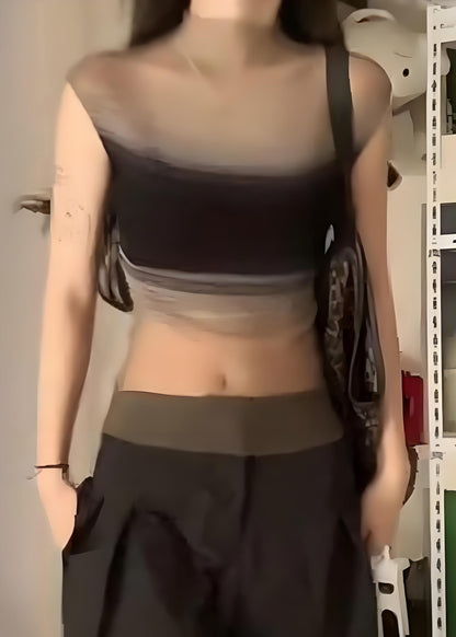 Sexy Tulle Sleeveless Black Striped Knit Top