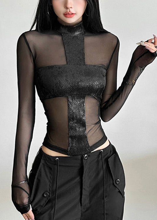 Tulle Top Sheer Spring Turtleneck Black Sexy