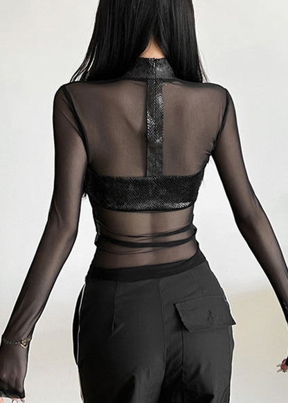 Tulle Top Sheer Spring Turtleneck Black Sexy