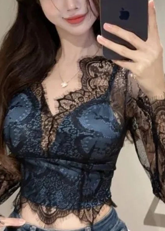 Hollow Out Black Spring Lace V Neck Sexy Shirt