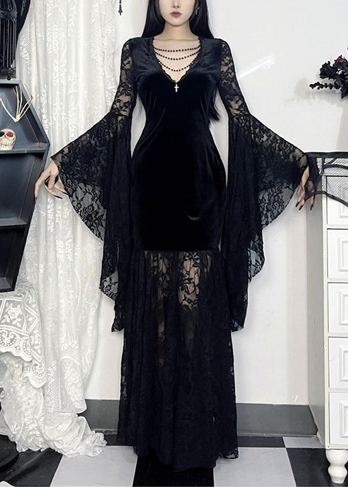 Sexy Black V Neck Lace Patchwork Silk Velvet Long Dresses Flare Sleeve YT029