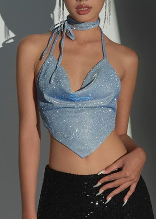 Sexy Blue Backless Button Lace Up Tanks Sleeveless YT010