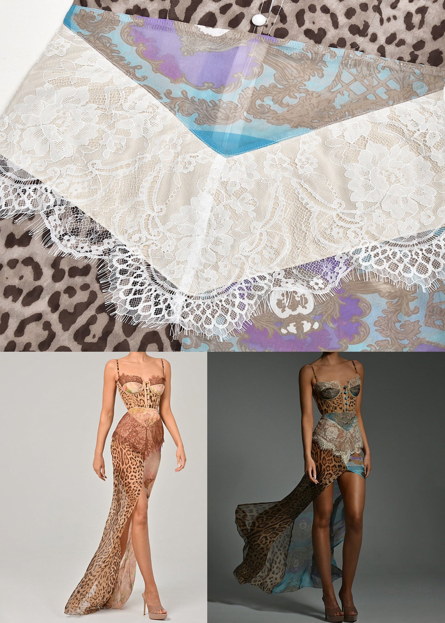 Dress Blue Chiffon Sexy Spaghetti Strap Patchwork Leopard Lace