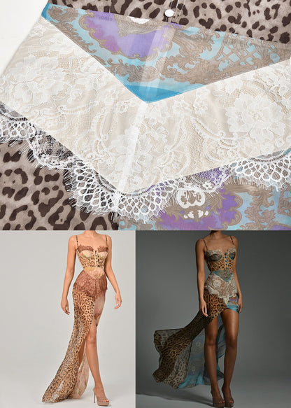 Dress Blue Chiffon Sexy Spaghetti Strap Patchwork Leopard Lace