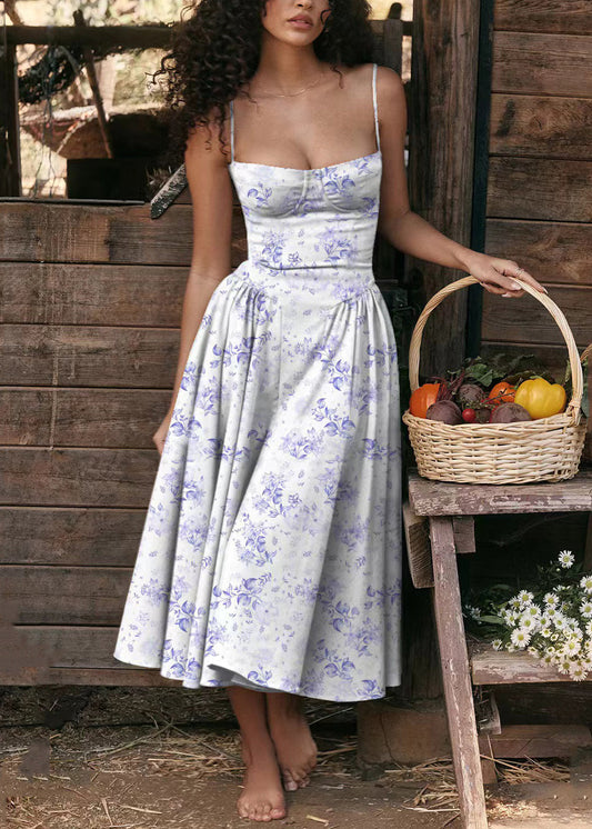 Sexy Blue Print Bustier Top Cotton Spaghetti Strap Dress Sleeveless WW1044