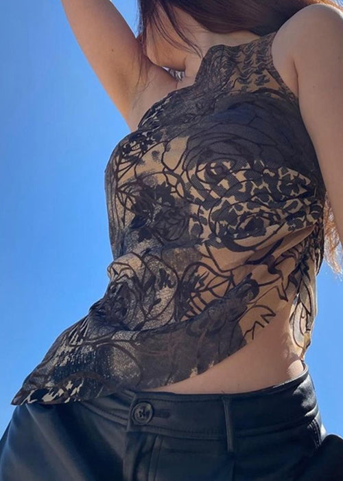 Sexy Brown Asymmetrical Print Tulle Tank Sleeveless YZ051