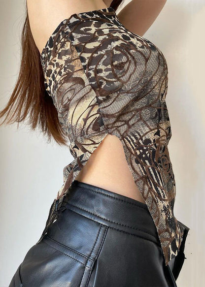 Sexy Brown Asymmetrical Print Tulle Tank Sleeveless YZ051