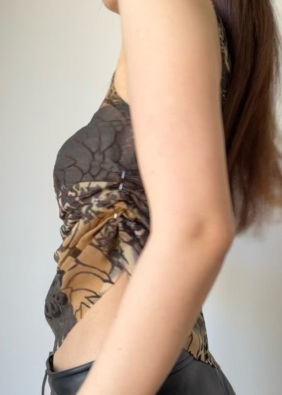 Sexy Brown Asymmetrical Print Tulle Tank Sleeveless YZ051
