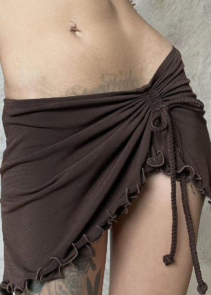 Sexy Brown Ruffled Lace Up Solid Cotton Skirt Summer YZ049