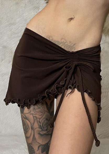 Sexy Brown Ruffled Lace Up Solid Cotton Skirt Summer YZ049