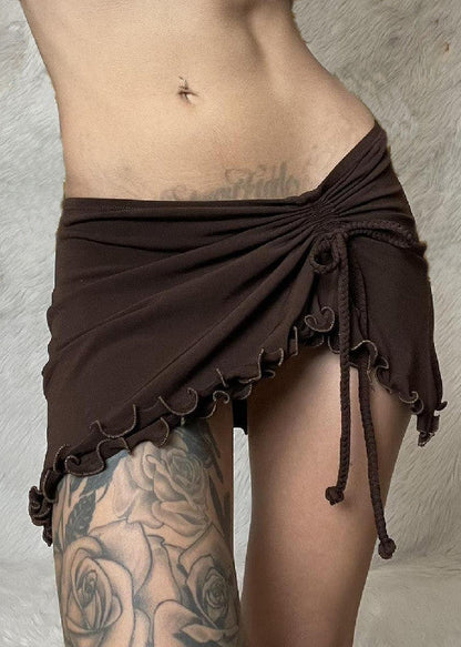 Sexy Brown Ruffled Lace Up Solid Cotton Skirt Summer YZ049