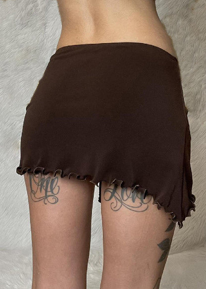 Sexy Brown Ruffled Lace Up Solid Cotton Skirt Summer YZ049