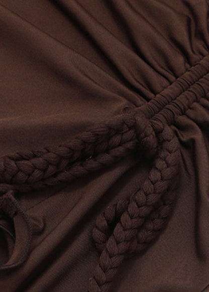 Sexy Brown Ruffled Lace Up Solid Cotton Skirt Summer YZ049