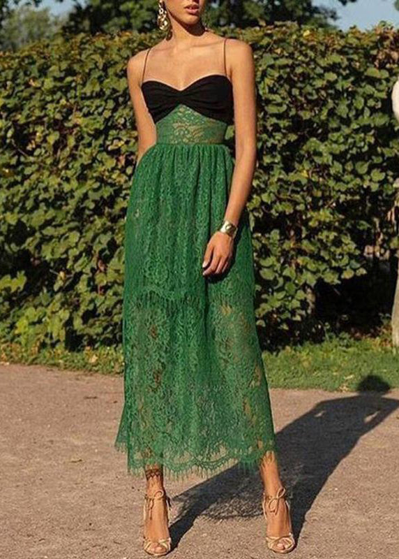 Sexy Green Cold Shoulder Patchwork Lace Spaghetti Strap Dress Sleeveless XX031