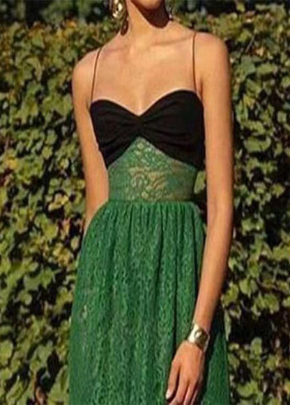 Sexy Green Cold Shoulder Patchwork Lace Spaghetti Strap Dress Sleeveless XX031