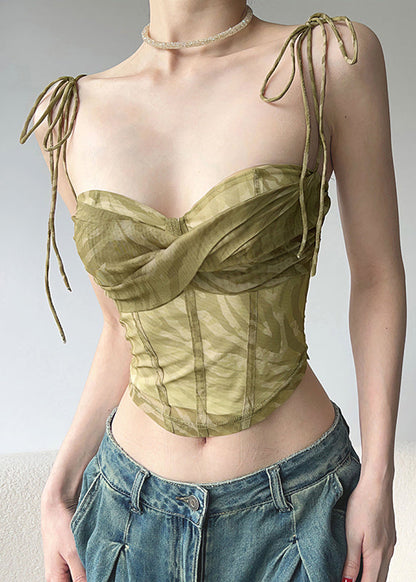 Green Tulle Shoulder Vest Strap Cold Sexy Spaghetti Short
