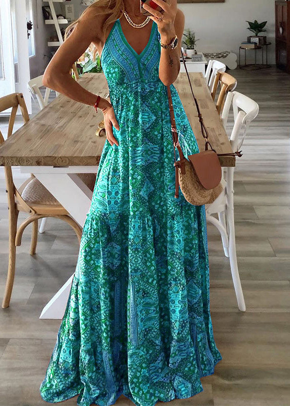 V Strap Dress Long Green Holiday Neck Spaghetti Sexy Print