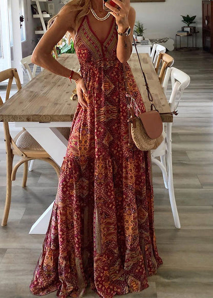 V Strap Dress Long Green Holiday Neck Spaghetti Sexy Print