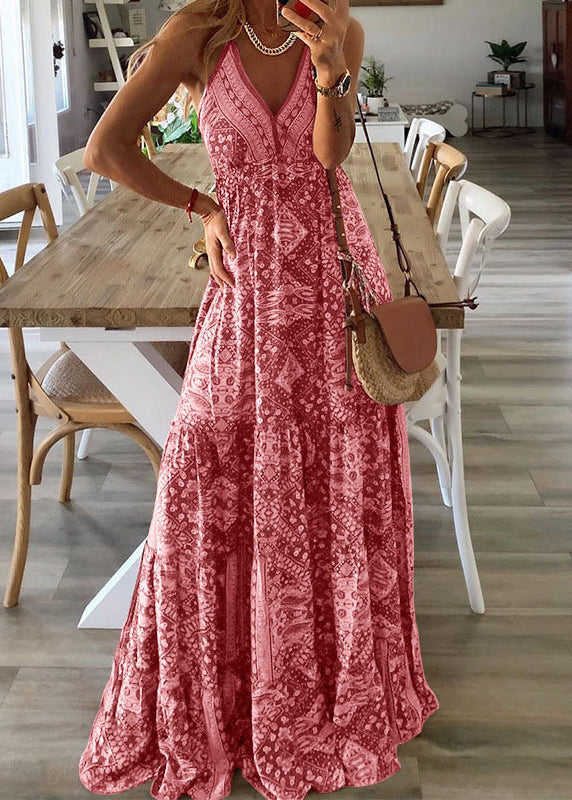 V Strap Dress Long Green Holiday Neck Spaghetti Sexy Print