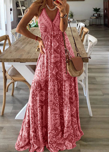 V Strap Dress Long Green Holiday Neck Spaghetti Sexy Print
