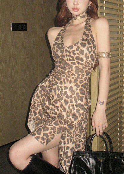 Sexy Leopard Neckholder Asymmetrisches Design Kleid Sommer EE1018