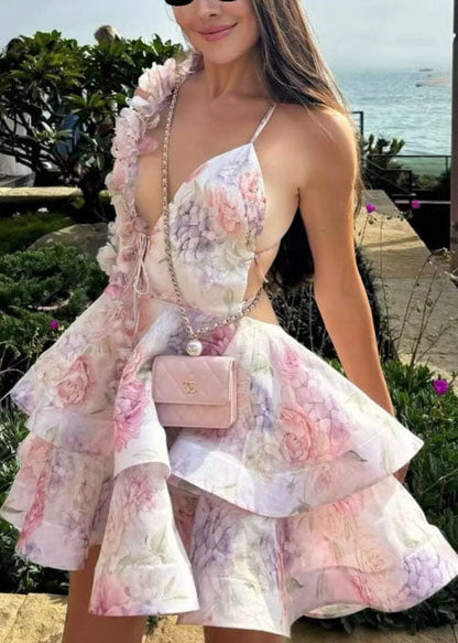 Lace Summer Pink Sexy Mid Backless Cotton Floral Up Dress