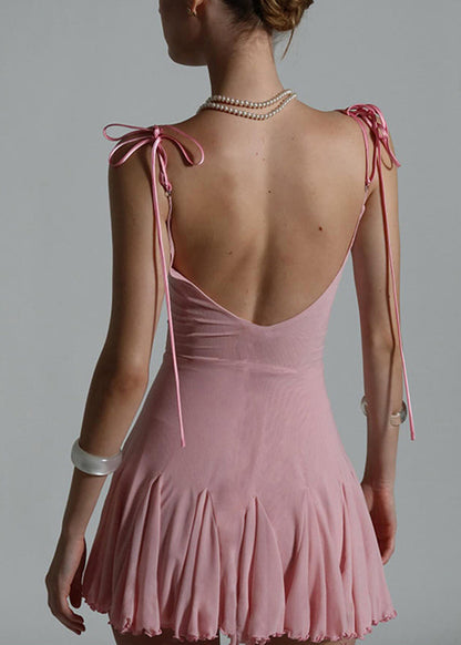Strap Sexy Sleeveless Dress Spaghetti Tulle Patchwork Mid Pink