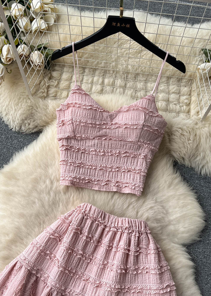 Sexy Pink Ruffled Tops And Skirts Cotton Two Pieces Set Sleeveless TR048