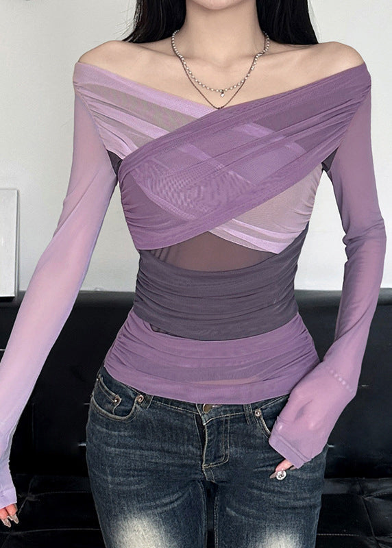 Spring Tulle Sexy Purple Top Neck Wrinkled Slash