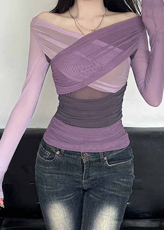 Spring Tulle Sexy Purple Top Neck Wrinkled Slash