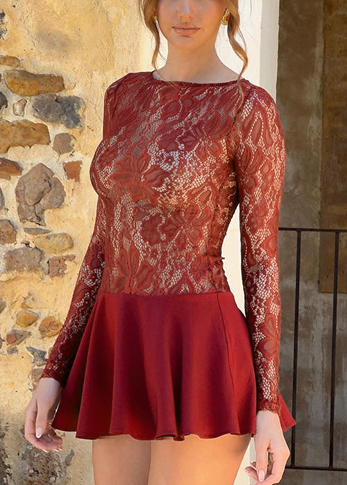 Out Spring Solid Dress Hollow Red Mid Lace Sexy