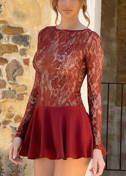 Out Spring Solid Dress Hollow Red Mid Lace Sexy