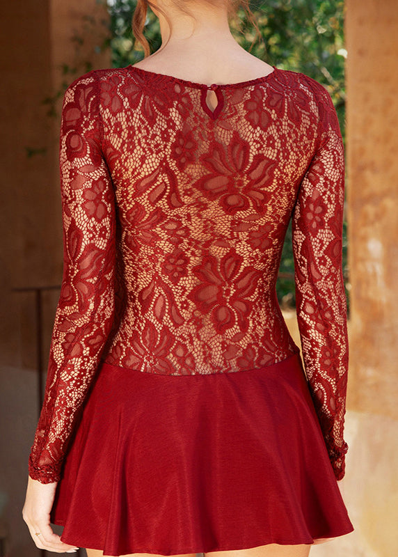 Out Spring Solid Dress Hollow Red Mid Lace Sexy