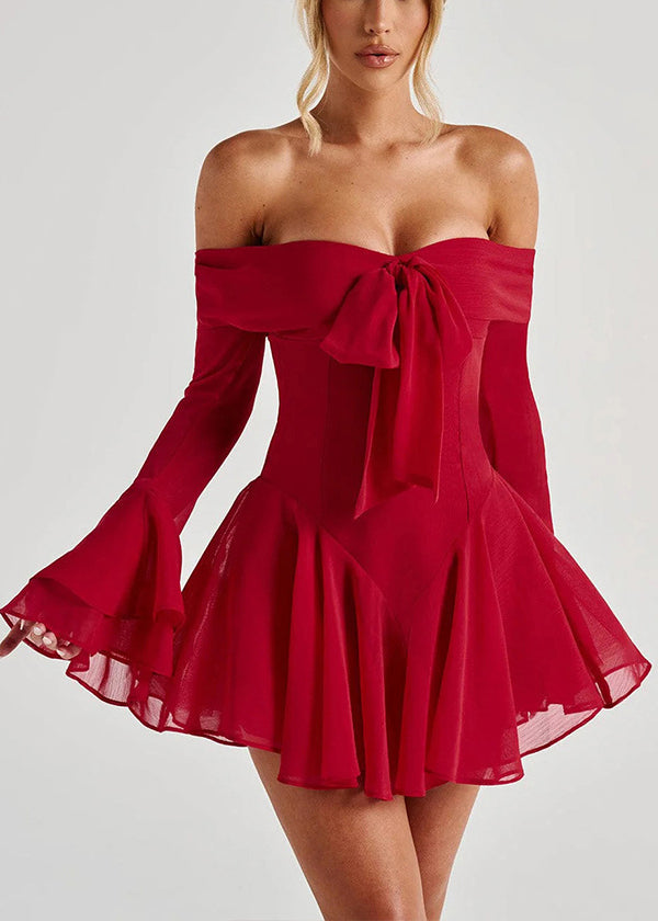 Neck Bow Mid Cotton Sleeve Sexy Slash Red Dress Flare